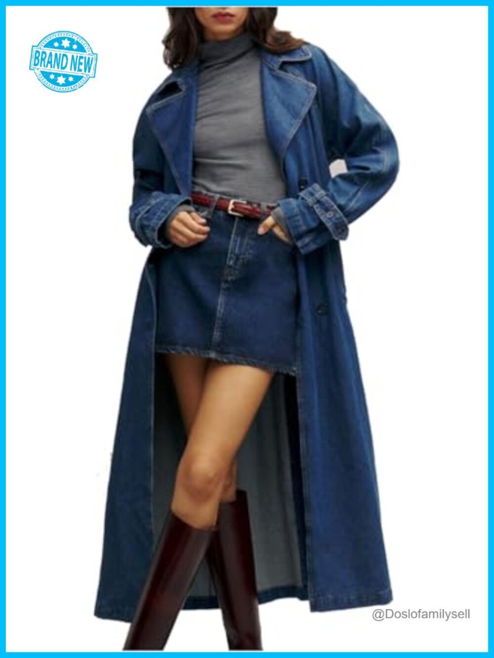 Denim Trench Coat Midi Overcoat Double Breasted Belted Women's